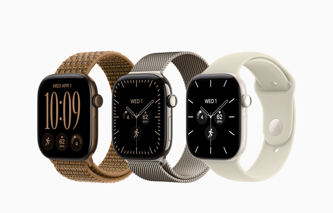 Apple Watch Series 12 mit verschiedenen Gehäusen und Metall- sowie hellem Sportarmband