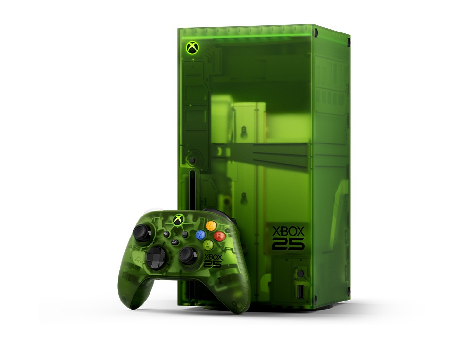 Xbox Series X in transparenter grüner Jubiläumsedition mit passendem Controller